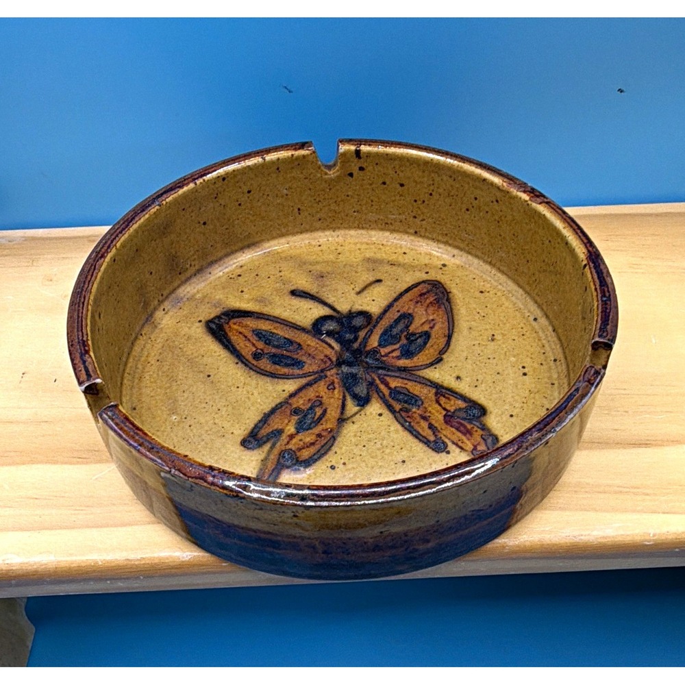 Vintage 1970's Ashtray hand painted Butterfly Theme Brown/Tan Glossy Finish